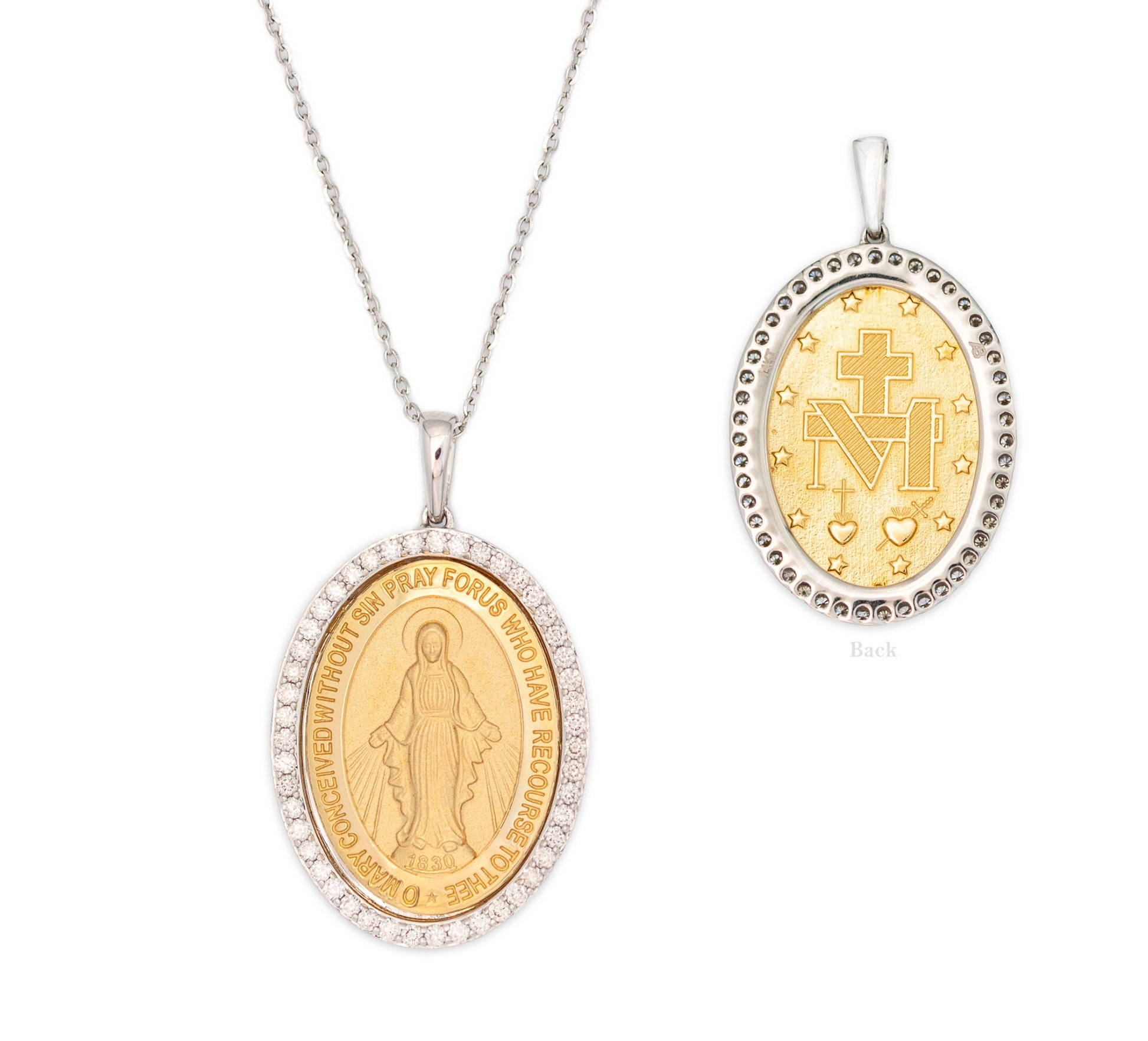 Large 14K two-tone yellow and white gold diamond Miraculous Medal Necklace showing a back view of the medal on a cable chain.