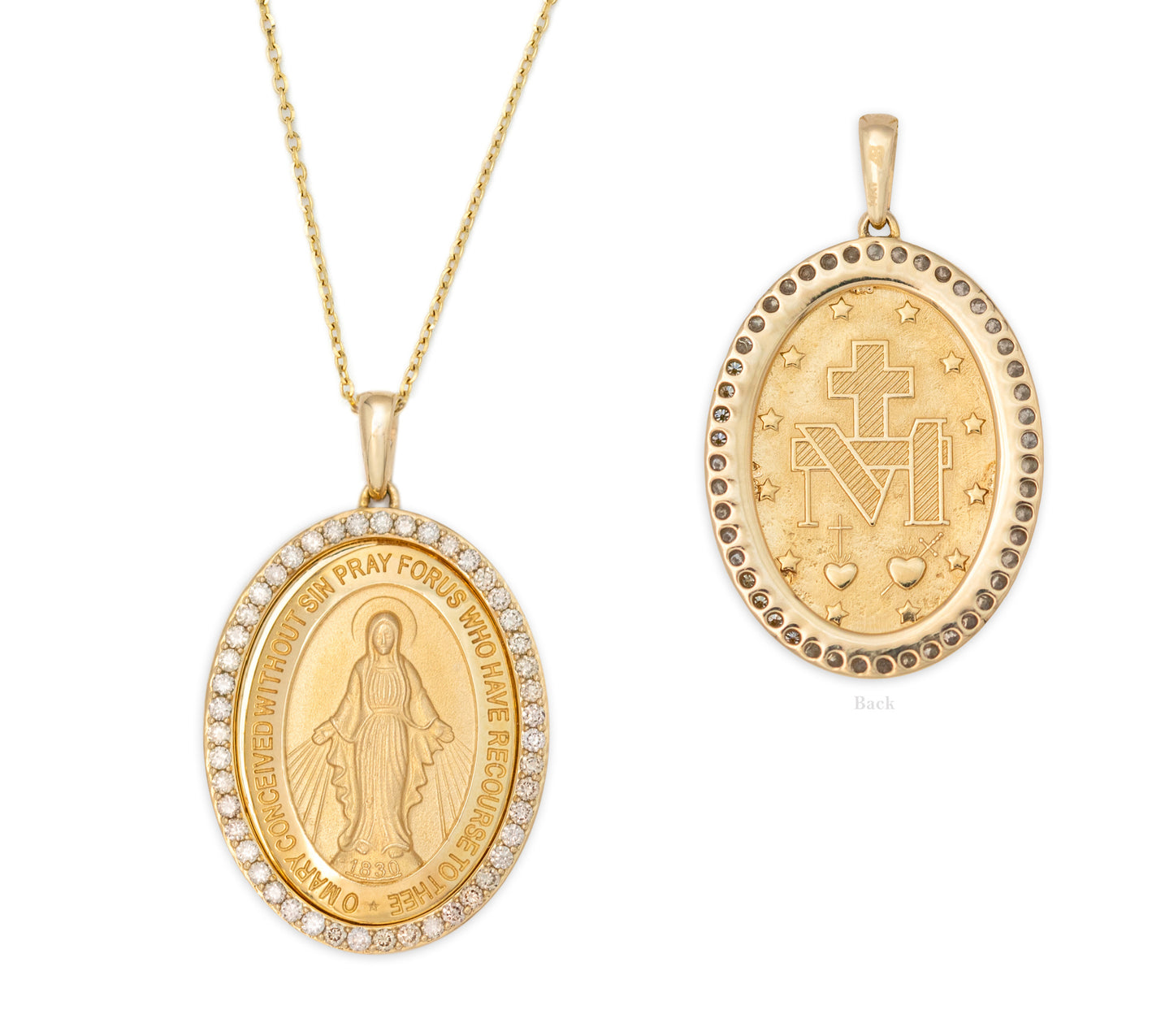 Large 14K gold yellow gold diamond Miraculous Medal Necklace showing a back view of the medal on a cable chain.