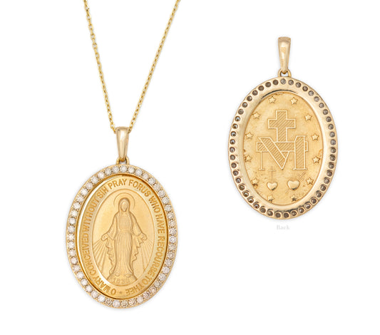 Large 14K gold yellow gold diamond Miraculous Medal Necklace showing a back view of the medal on a cable chain.