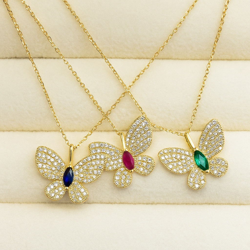 Whimsy in Flight- Large Pave Diamond and Marquise Color Stone Butterfly Pendant Necklace