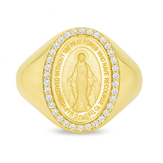 Dainty Diamond Miraculous Medal Signet Ring
