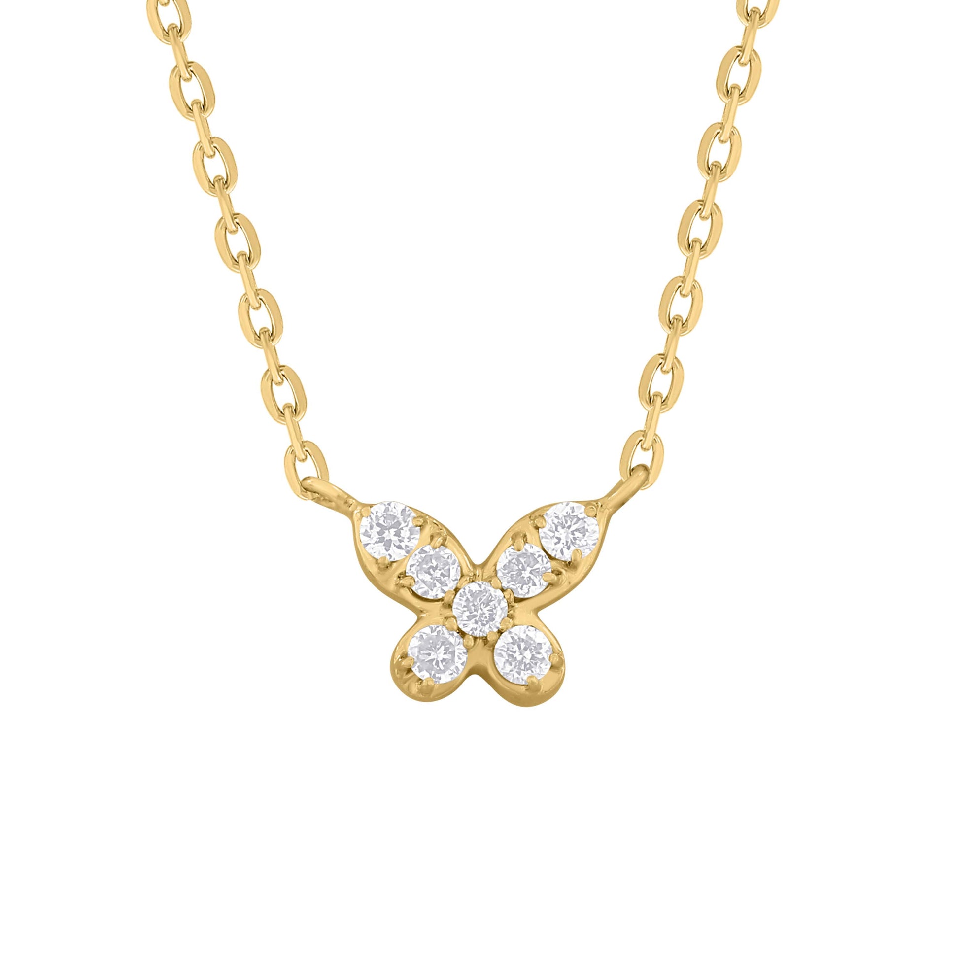 Yellow Gold Miniature Diamond Butterfly Necklace on a white background.