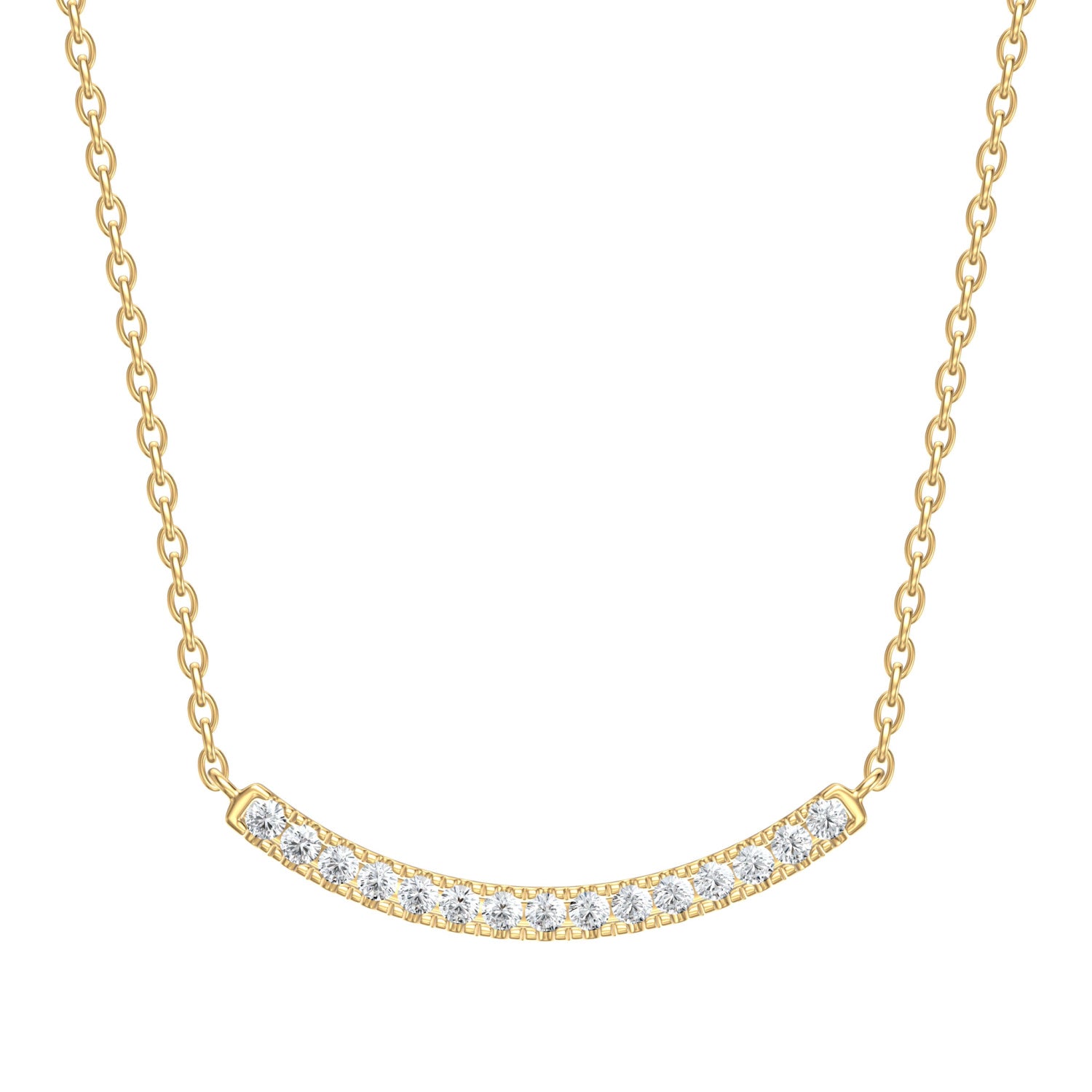 Gold necklace with a curved design with small diamonds on a chain white background