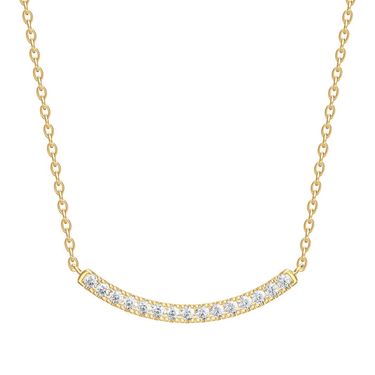 Gold necklace with a curved design with small diamonds on a chain white background