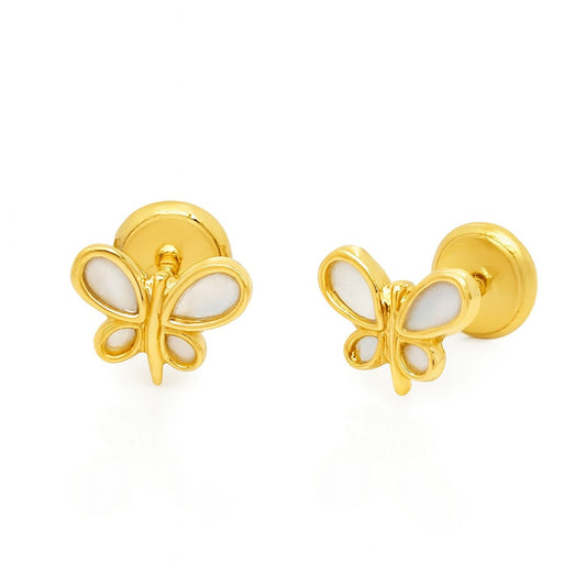 Gold miniature mother of pearl butterfly baby earrings on a white background