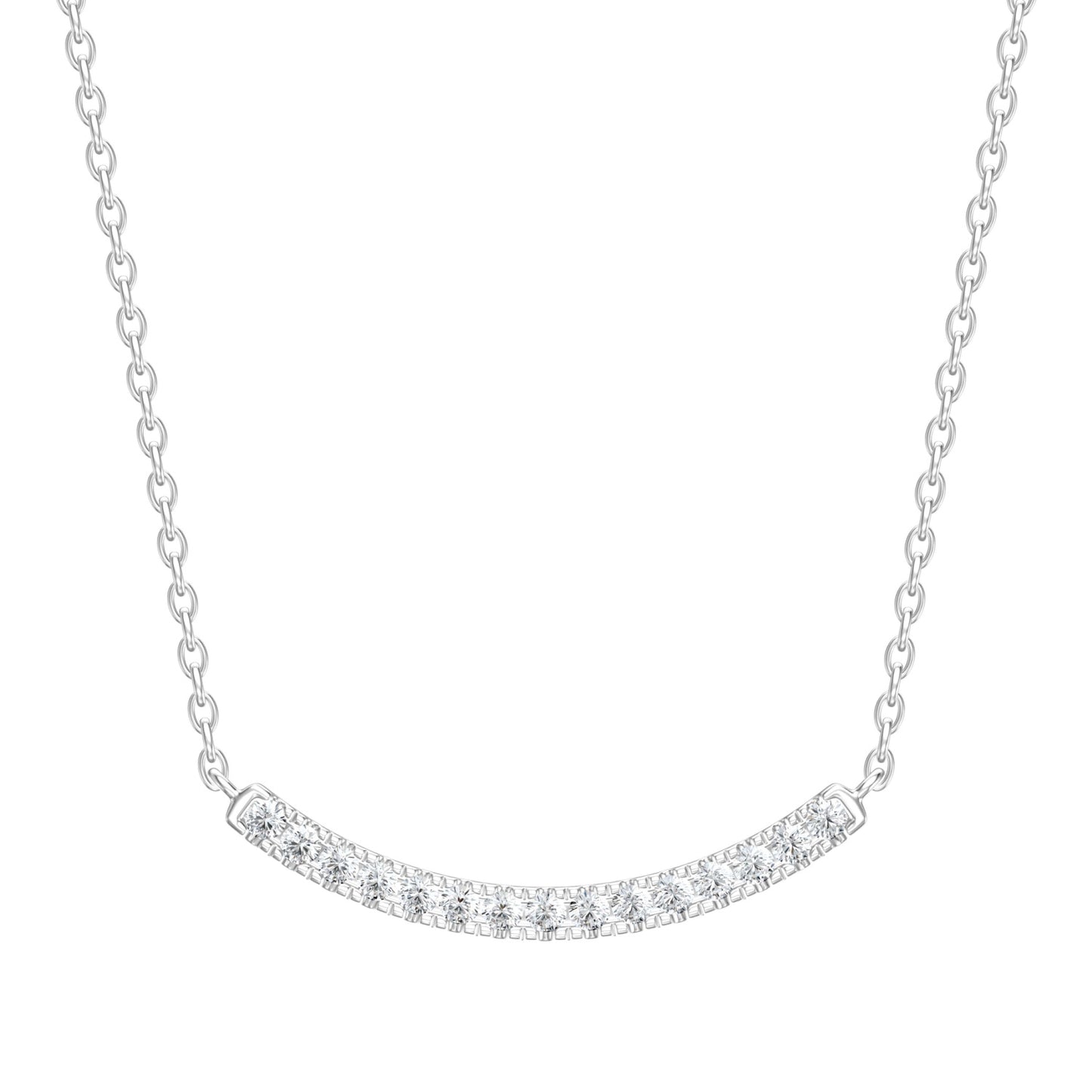 White Gold necklace with a curved design with diamonds on a chain design on a white background