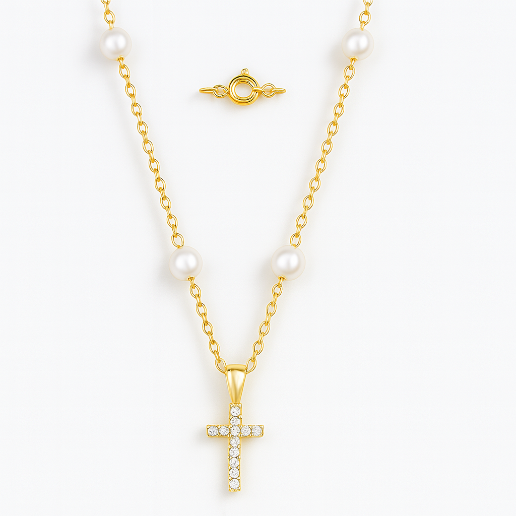 Miniature Diamond Cross on Pearl Necklace