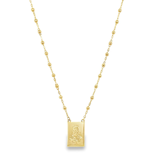 14K Yellow Miniature Scapular medal on Rosary Bead necklace 