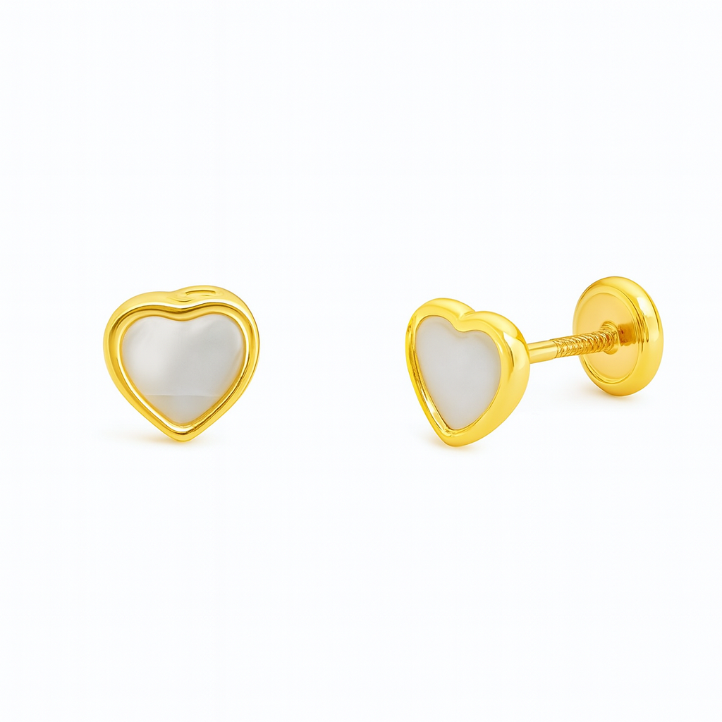Gold heart-shaped earrings with mother of pearl centers equipped with orthopedic screw backs for a baby or child on a white background