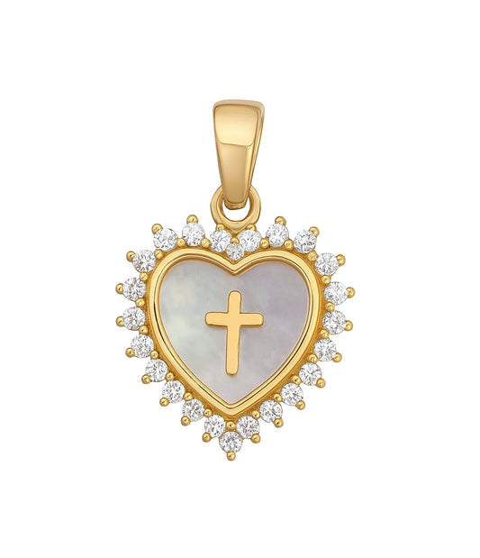 Gold heart-shaped pendant with a cross and clear stones on a white background