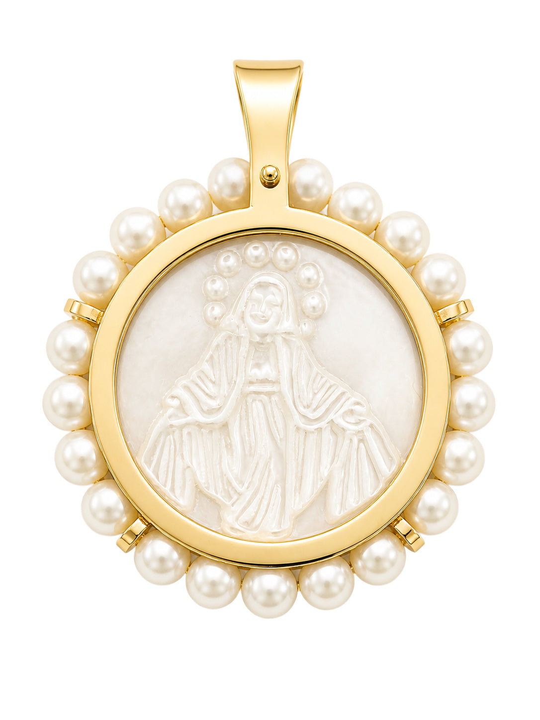 A round yellow gold pendant featuring a mother of pearl depiction of the Miraculous Medal surrounded by small pearls.