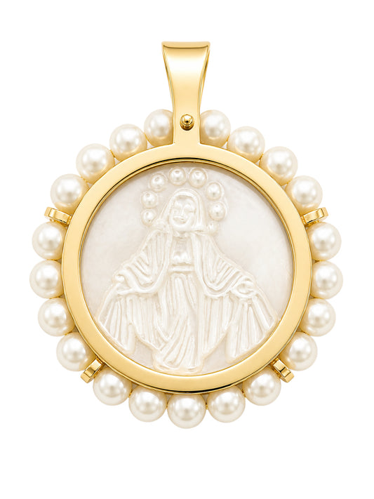 A round yellow gold pendant featuring a mother of pearl depiction of the Miraculous Medal surrounded by small pearls.