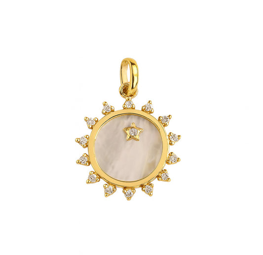 Gold pendant with a central stone and star accent on a white background
