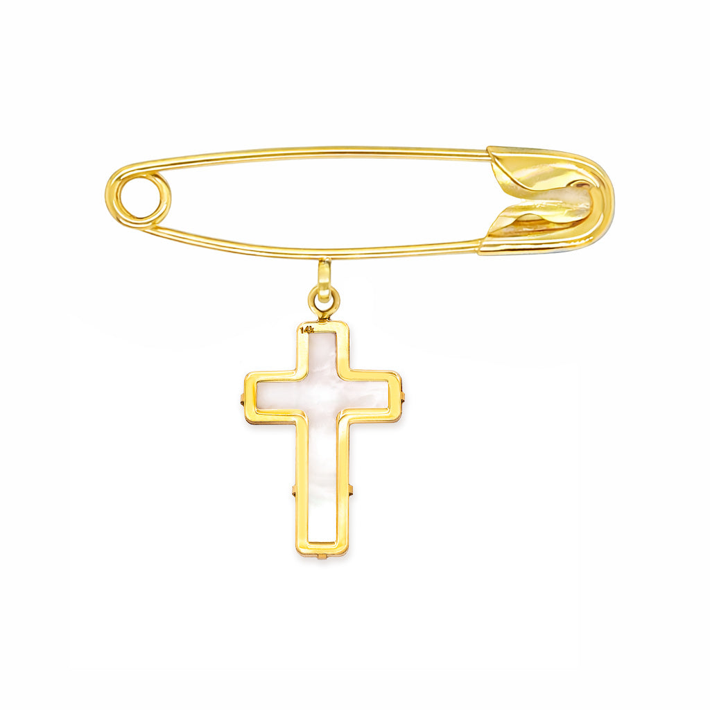 14K Gold safety baby pin with a white mother of pearl cross pendant on a white background