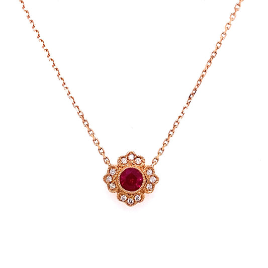 Rose Gold Vintage Style Floral Ruby and Diamond Necklace