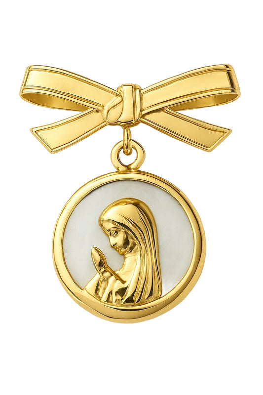 Bow Baby Pin with Mother of Pearl Virgin Medal
