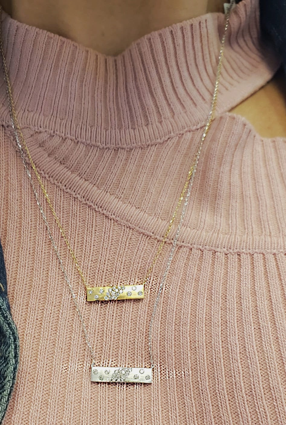 14K Gold Bar Necklace with Diamonds