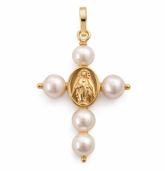 10x6mm Miraculous Medal and Freshwater Pearl Cross Pendant