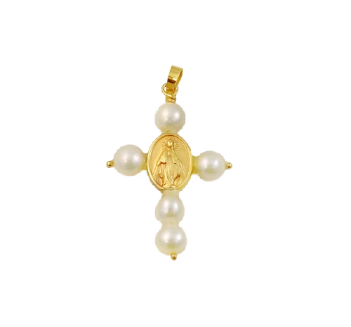 14K Gold Pearl Cross with Miraculous Medal