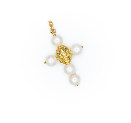 14K Gold Miraculous Cross With Pearls