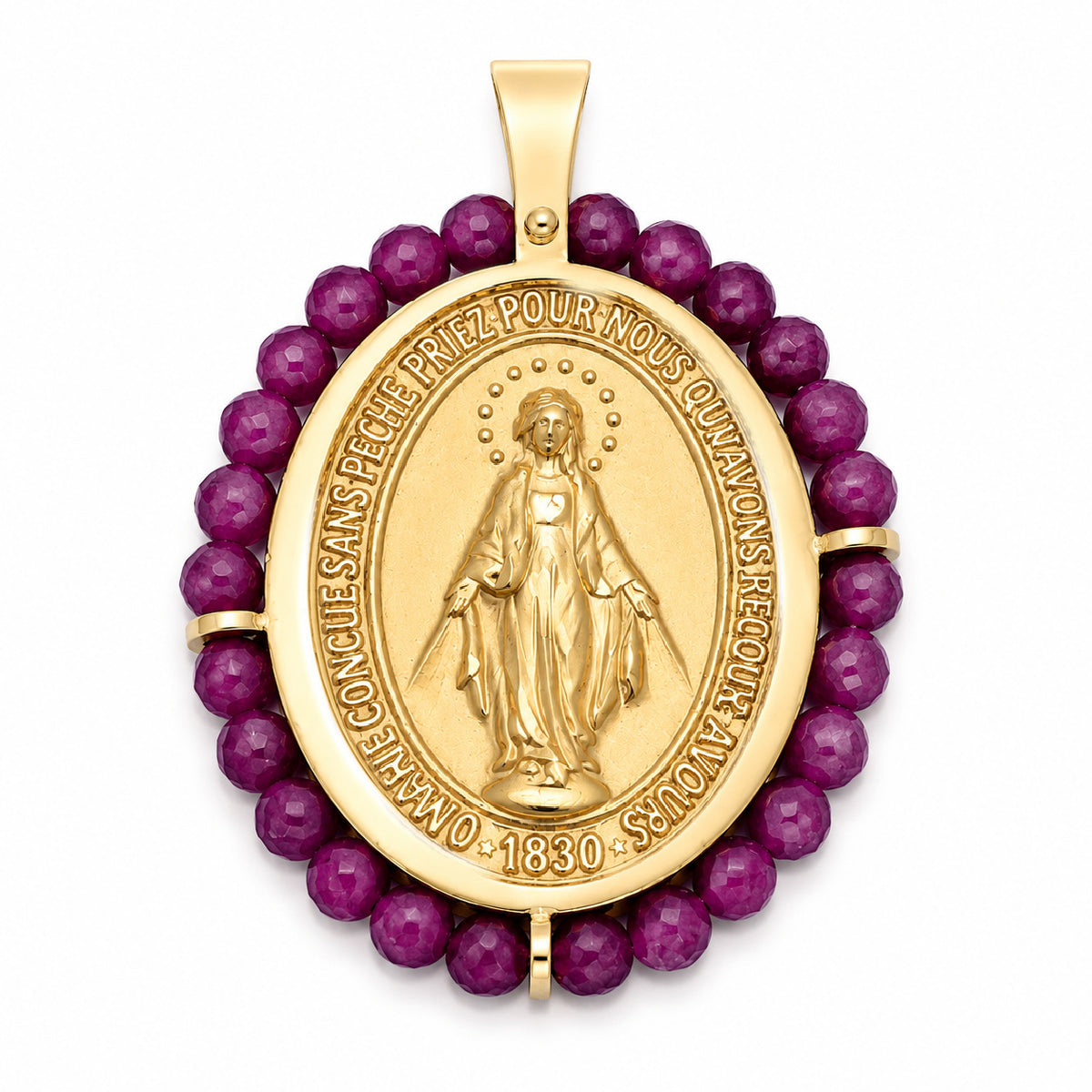 14K yellow gold Miraculous Medal pendant with natural red ruby faceted bead border, front view