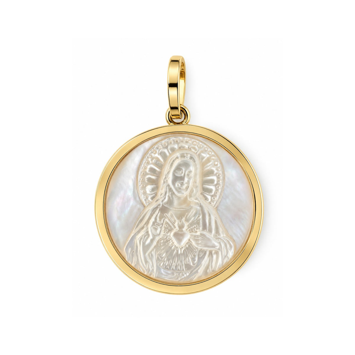 A gold pendant featuring a round white mother of pearl inlay with an embossed Sacred Heart of Jesus design, shown on a clean white background