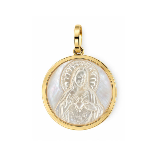 A gold pendant featuring a round white mother of pearl inlay with an embossed Sacred Heart of Jesus design, shown on a clean white background