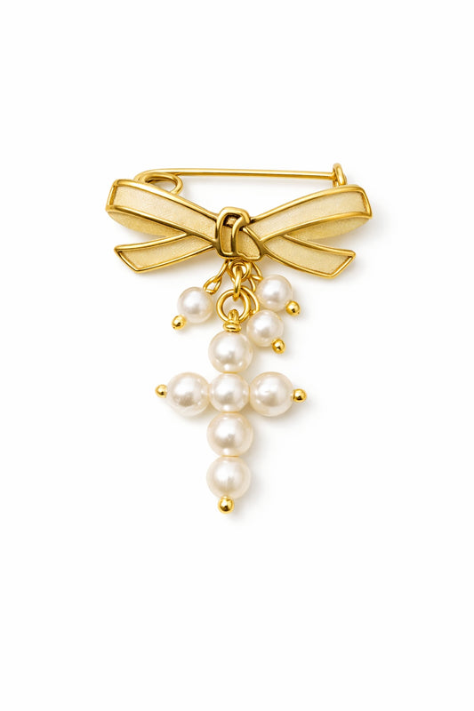 14K Yellow Gold Bow Baby Pin with Pearl Cross Dangle