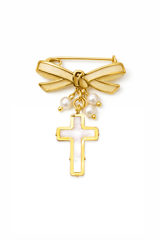14K Yellow Gold Bow Baby Pin with 12mm Mother of Pearl Cross Dangle