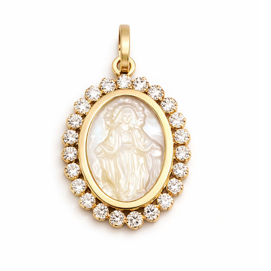 Small Mother of Pearl Miraculous Medal with CZ Frame