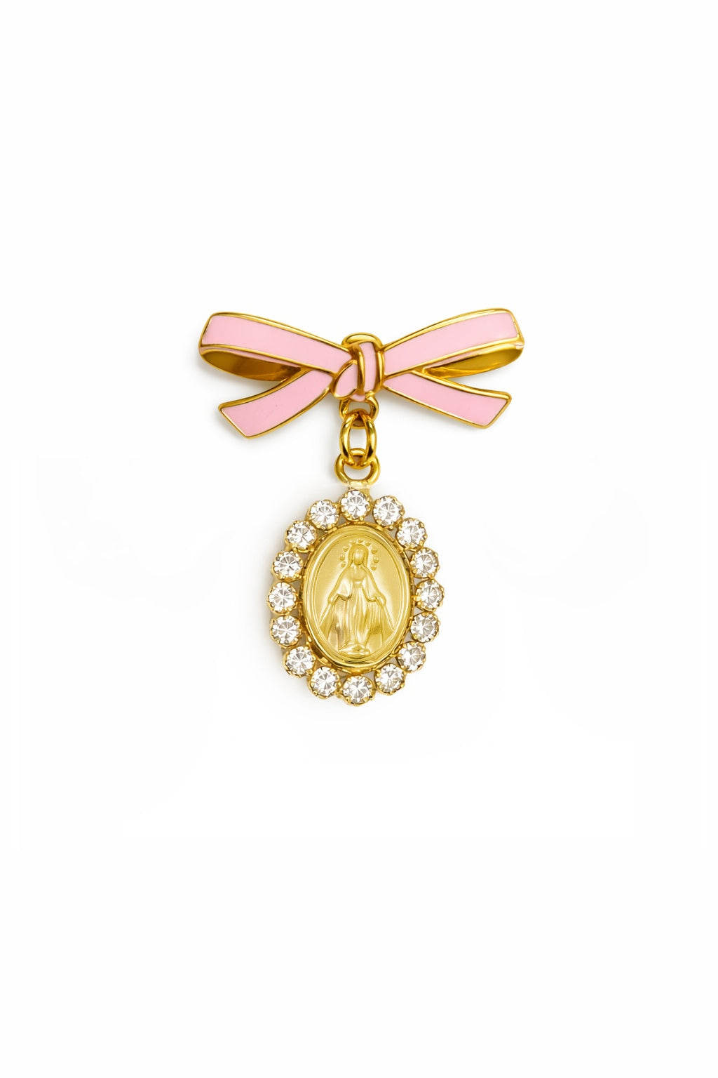 Pink Enamel Bow Baby Pin with CZ Miraculous Medal