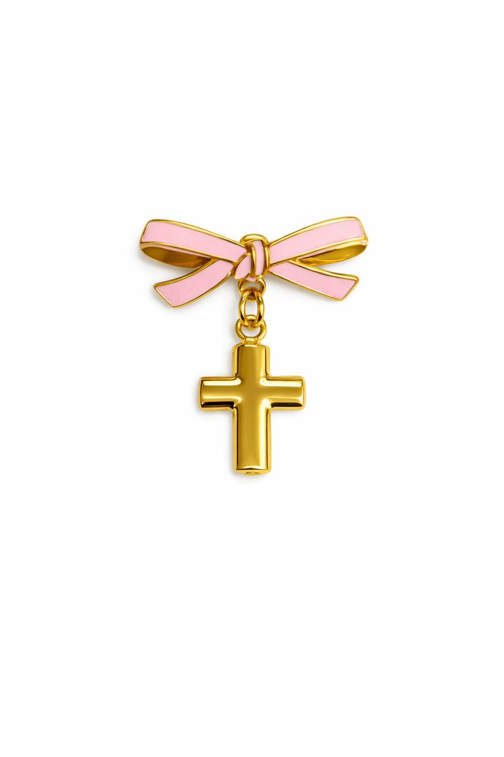Pink Enamel Bow Baby Pin with Cross