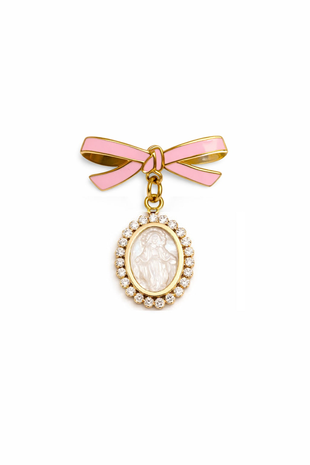14K Yellow Gold Pink Enamel Bow Baby Pin with CZ Mother of Pearl Miraculous Medal