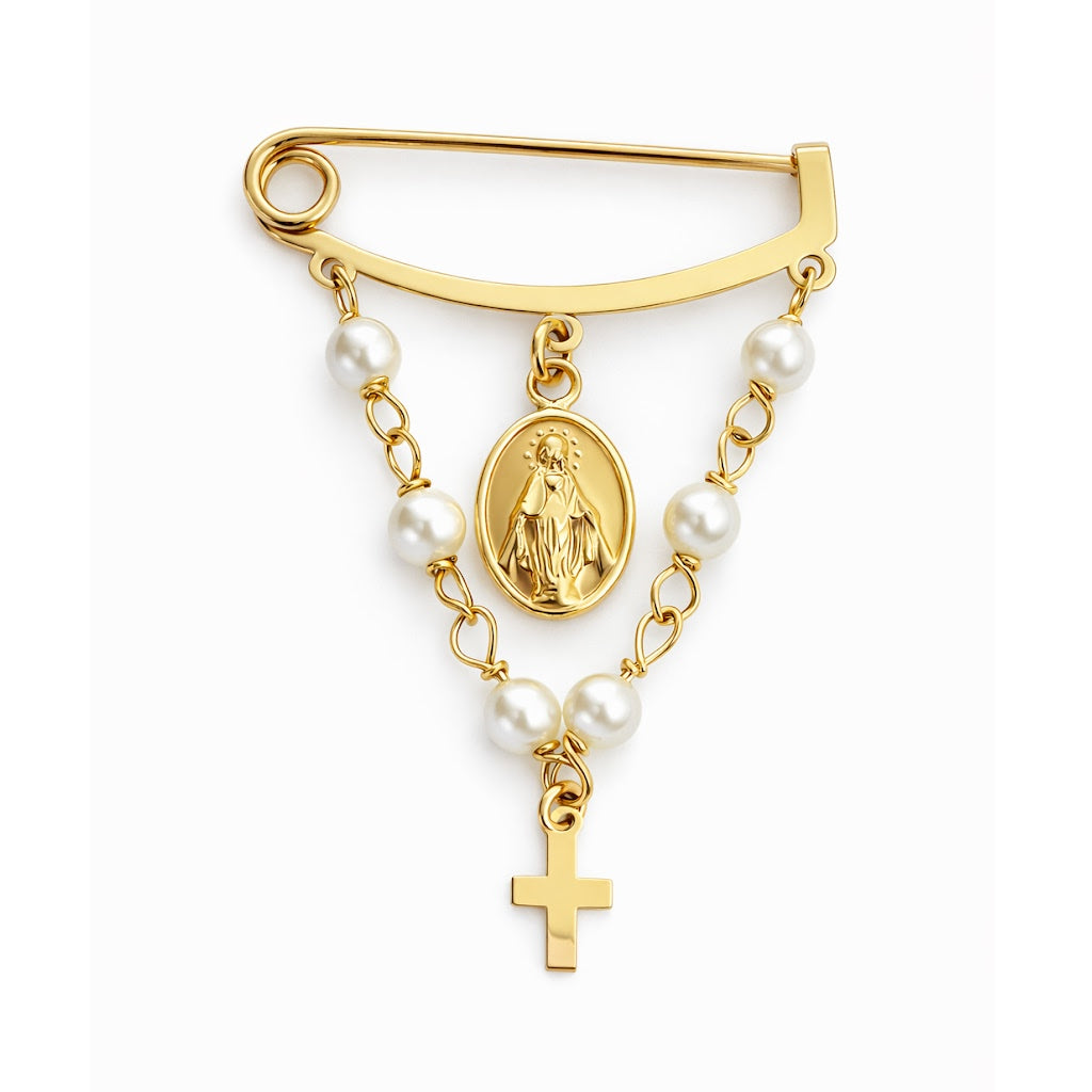 14K Yellow Gold Miraculous Medal, Cross and Freshwater Pearl Baptismal Pin