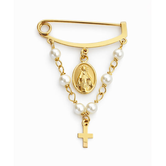 A gold-Miraculous Medal rosary style brooch featuring a safety baby pin top, pearl beads, an oval medal with a saint's depiction, and a dangling cross, shown on a plain white background.