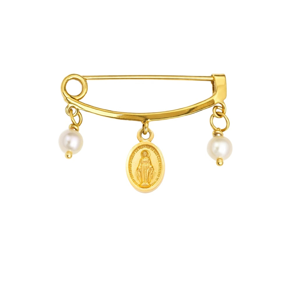 14K Yellow Gold Miraculous Medal and Pearl Baby Pin