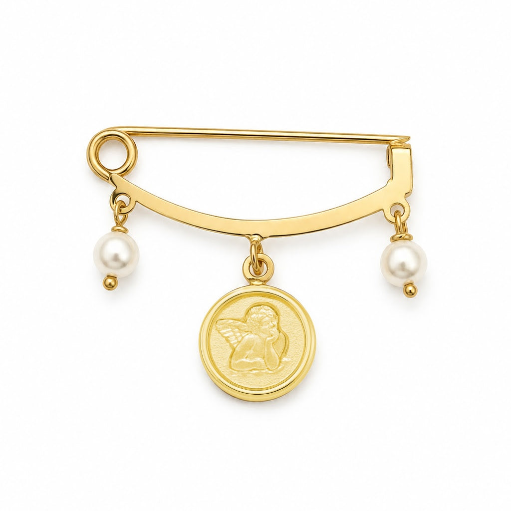 14K Yellow Gold Guardian Angel and Pearl Baby Pin