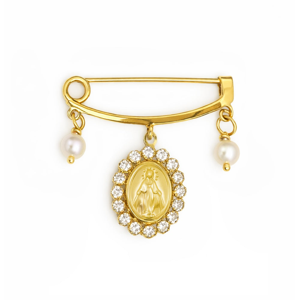 14K Yellow Gold Double Pearl or Turquoise Miraculous Medal CZ Dangle Baby Pin