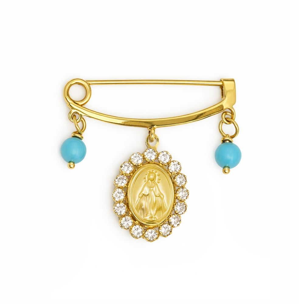 14K Yellow Gold Double Pearl or Turquoise Miraculous Medal CZ Dangle Baby Pin