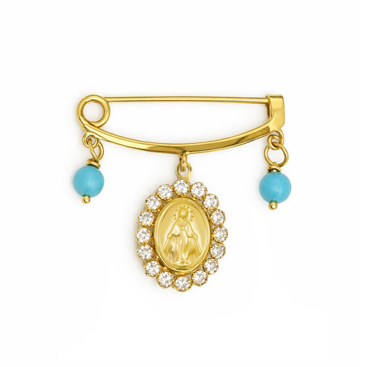 14K Yellow Gold Double Pearl or Turquoise Miraculous Medal CZ Dangle Baby Pin