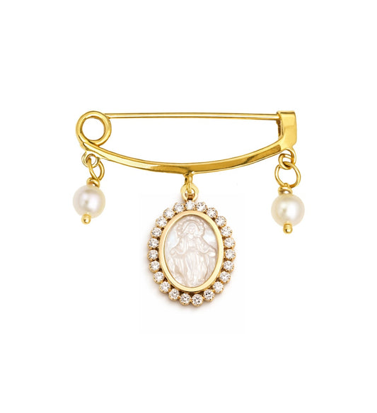14K Yellow Gold Double Pearl CZ Mother of Pearl Miraculous Medal Dangle Baby Pin