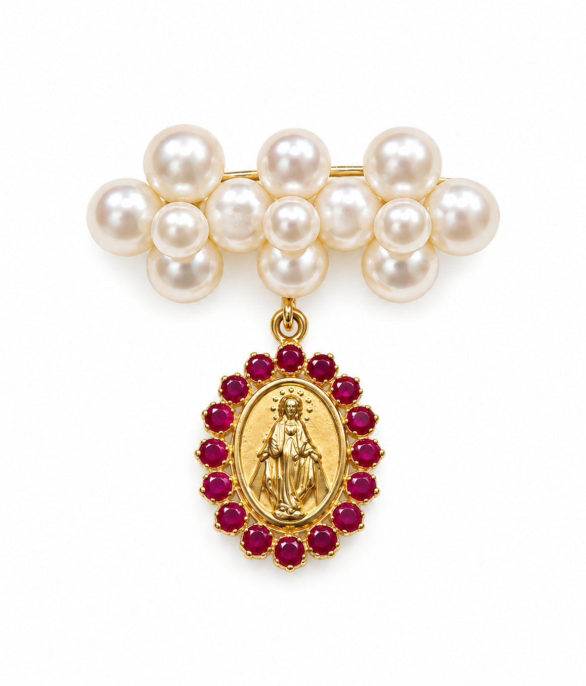 A 14k  gold and pearl brooch featuring a cluster of white pearls at the top and a dangling oval gold Miraculous Medal medallion surrounded by red gemstones, shown on a plain white background.