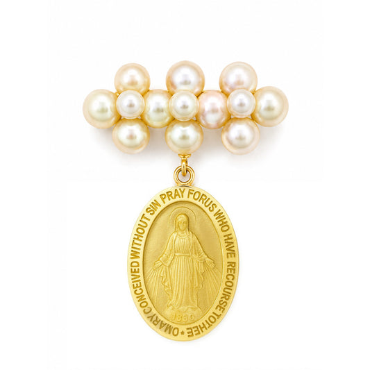 14K yellow gold Catholic baby pin with three freshwater pearl flower clusters and a double-sided Miraculous Medal of the Blessed Virgin Mary.