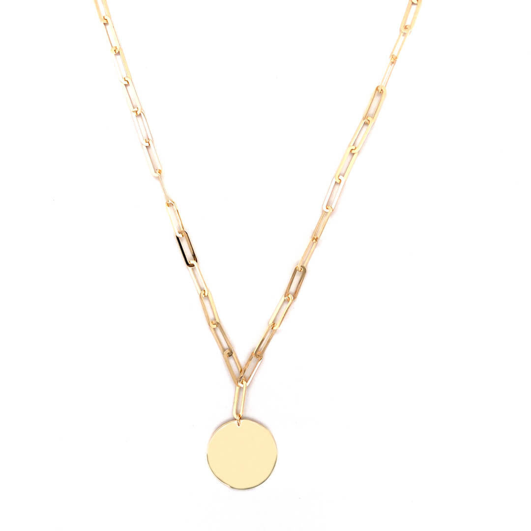 Circle Disc Paper Clip Necklace 14K Yellow Gold