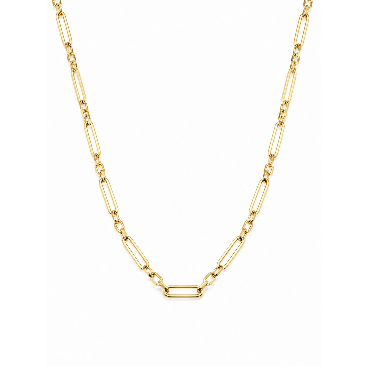 A gold figaro style paperclip chain necklace with a polished finish, displayed against a solid white background.