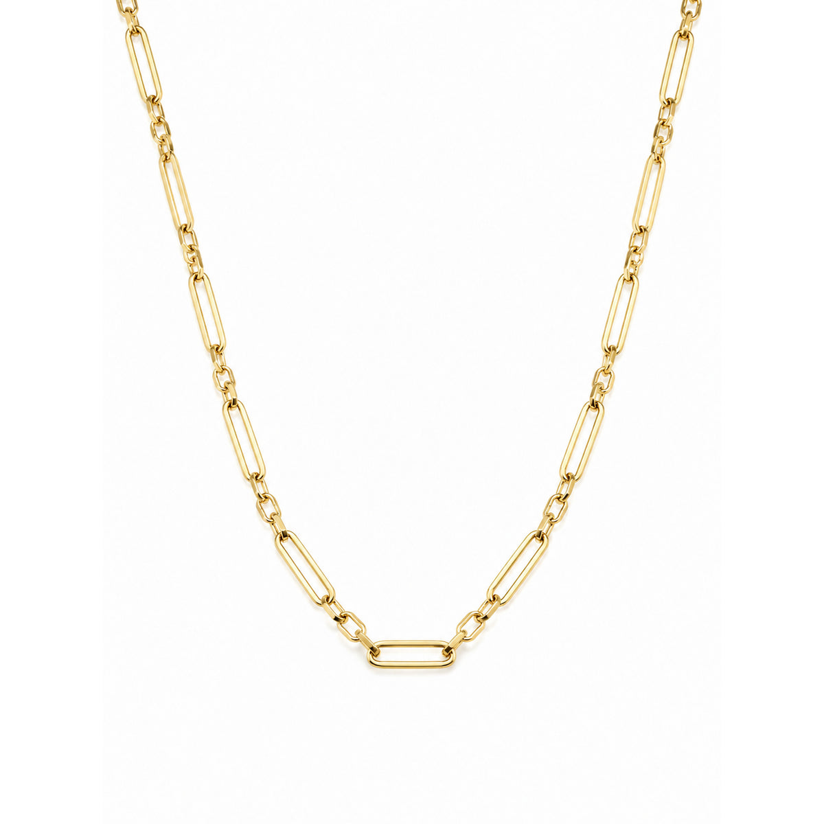A gold figaro style paperclip chain necklace with a polished finish, displayed against a solid white background.