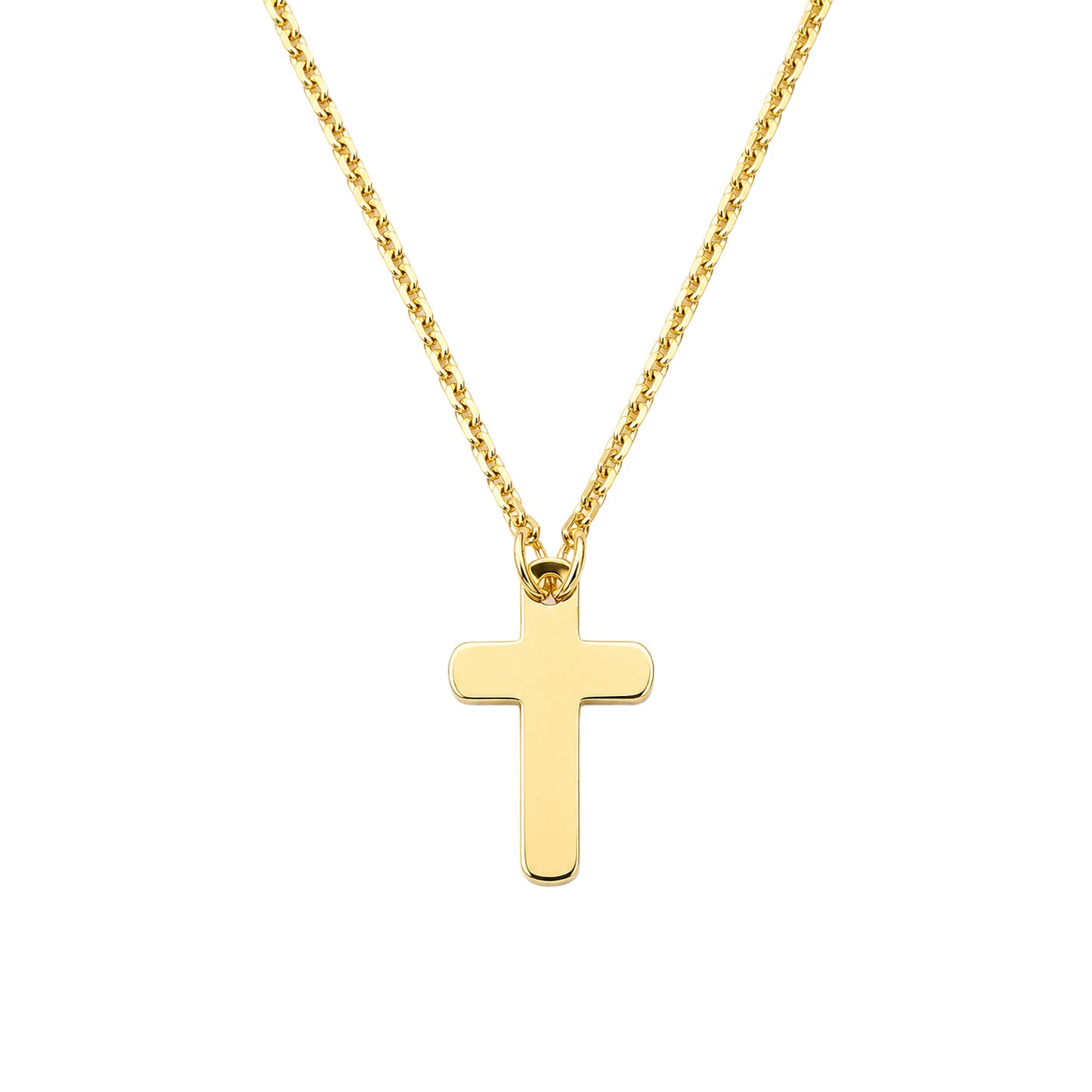 Gold cross necklace on a white background