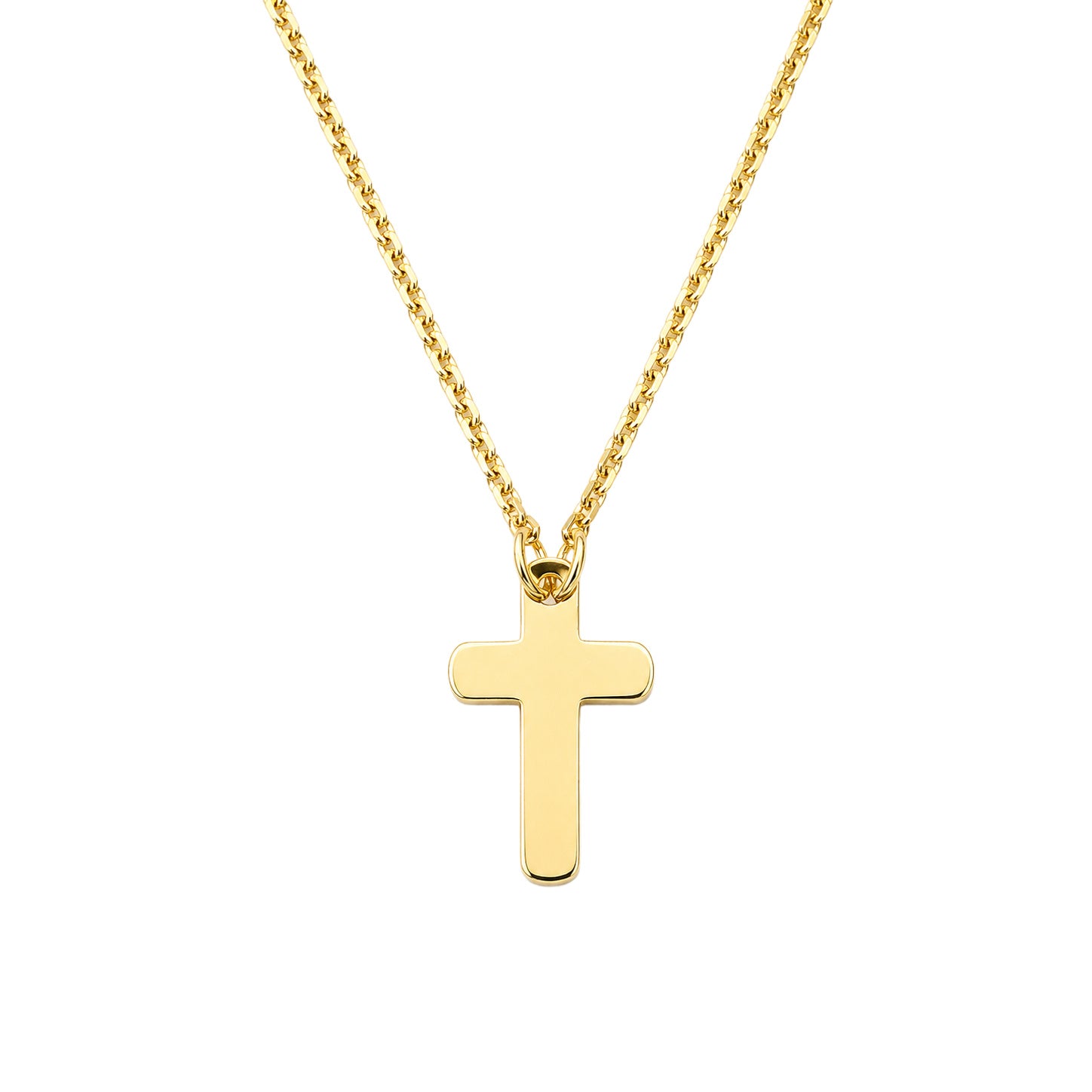 Gold cross necklace on a white background