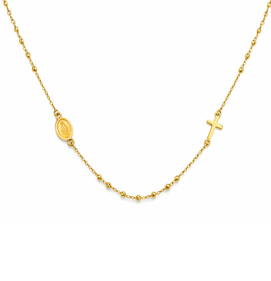 14K Gold Miraculous Medal & Cross Mini Mirror Bead Rosary Necklace