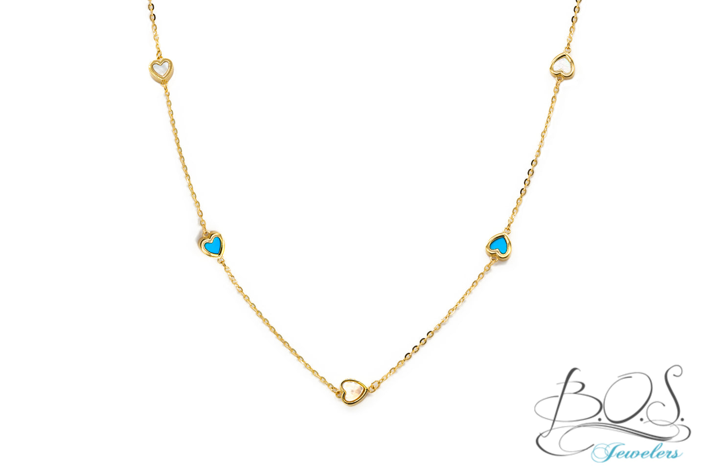Turquoise and Pearl Heart Necklace 14K Gold
